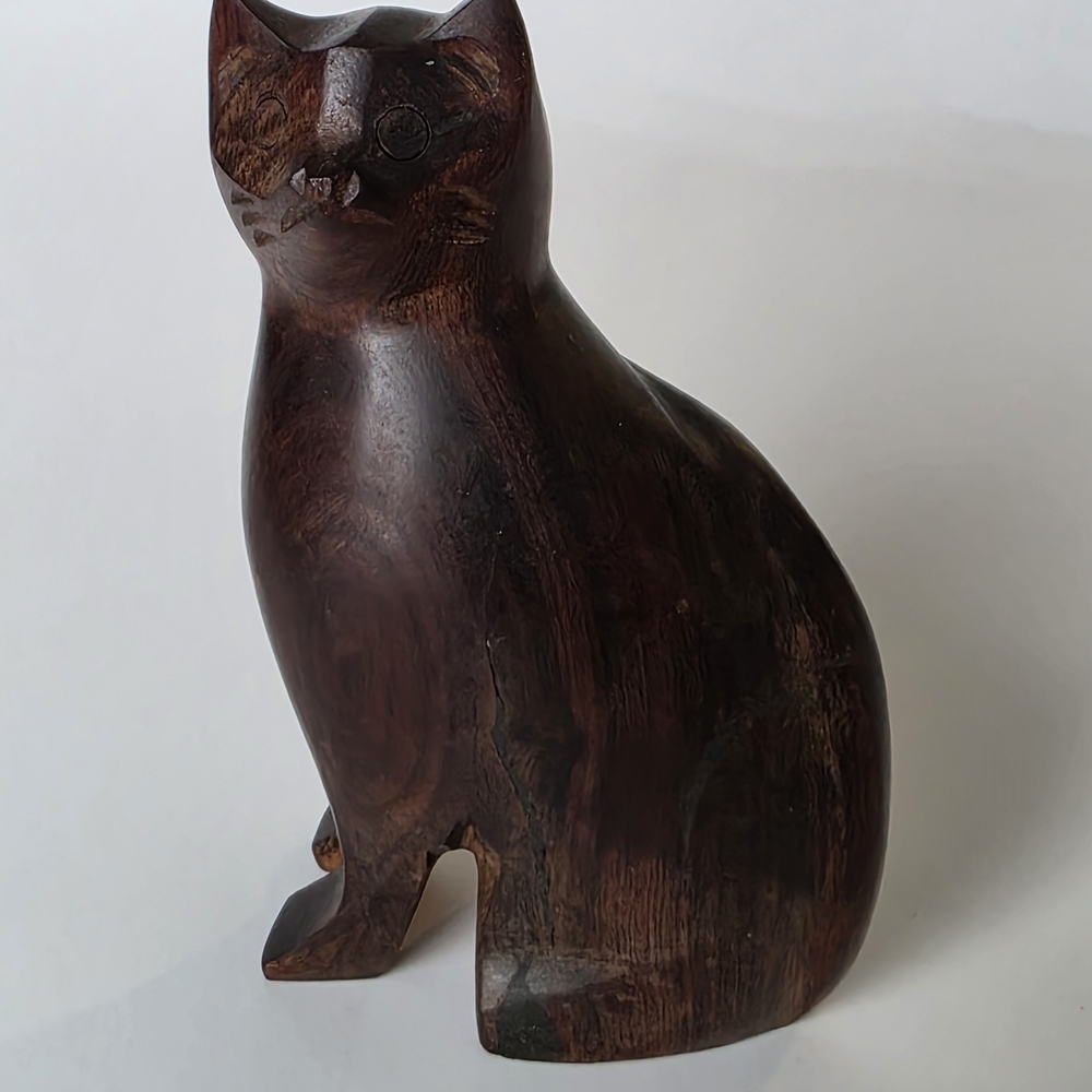 Vintage Brown Wood Cat Figurine